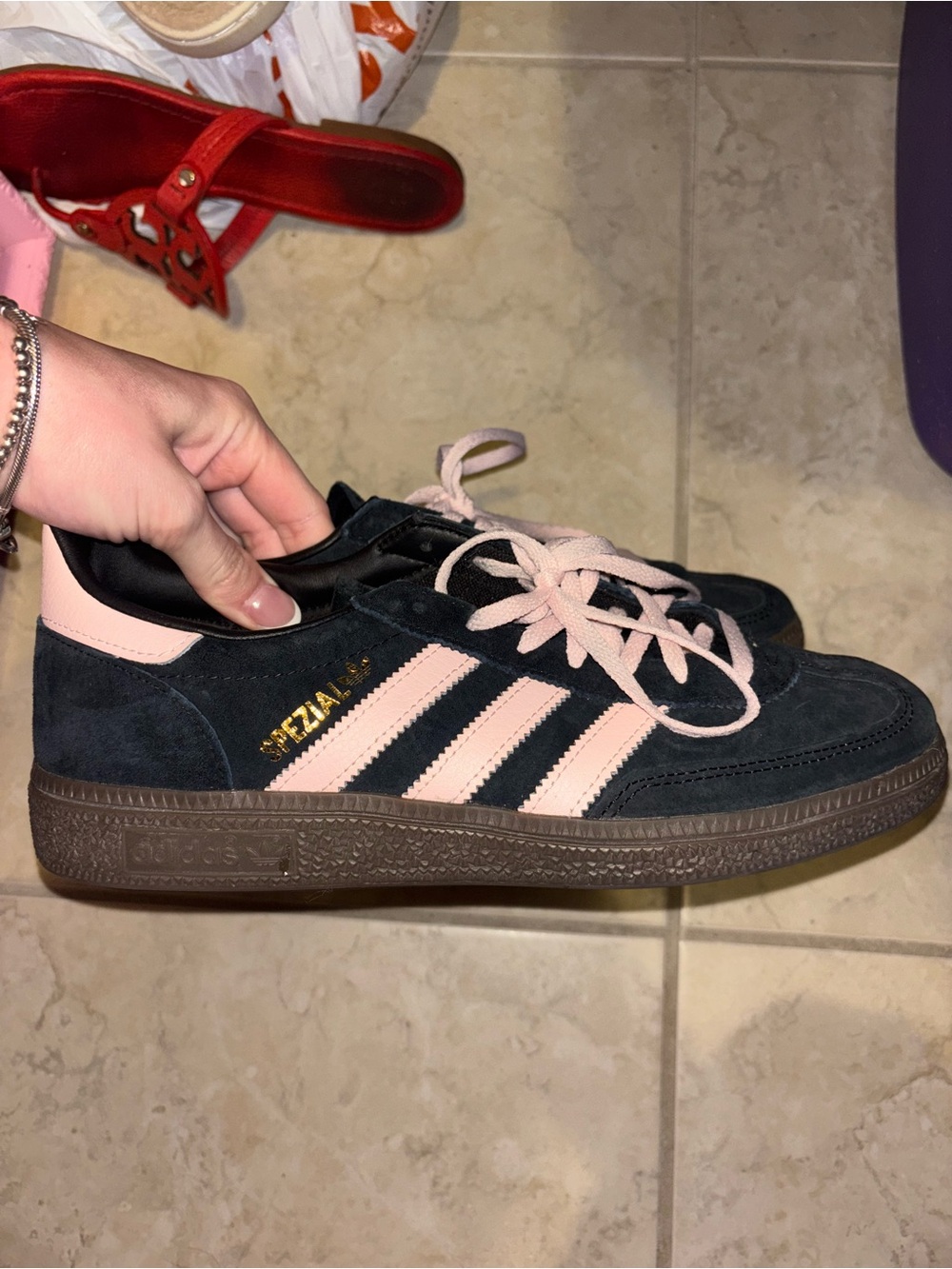 adidas Women's Black Suede Sneakers with Pink Stripes